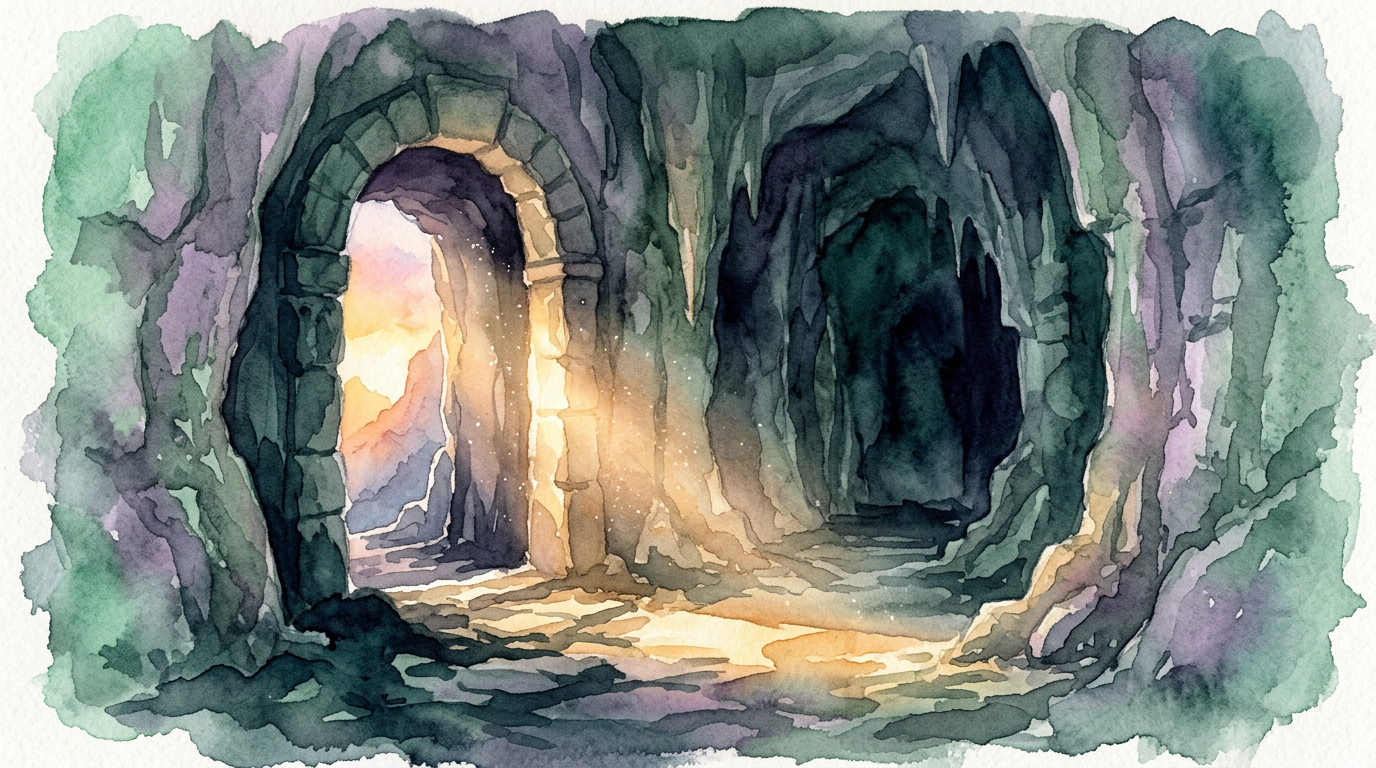 A dramatic illustration of golden sunrise light streaming through a narrow stone passage into a dark chamber, with no text or real people visible