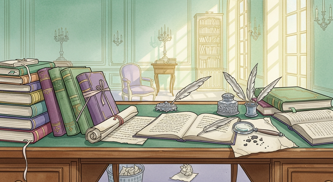 An illustration evoking 18th-century French salon culture, with books and manuscripts on a writing desk, referencing the intellectual world in which Court de Gébelin published his 1781 essay.