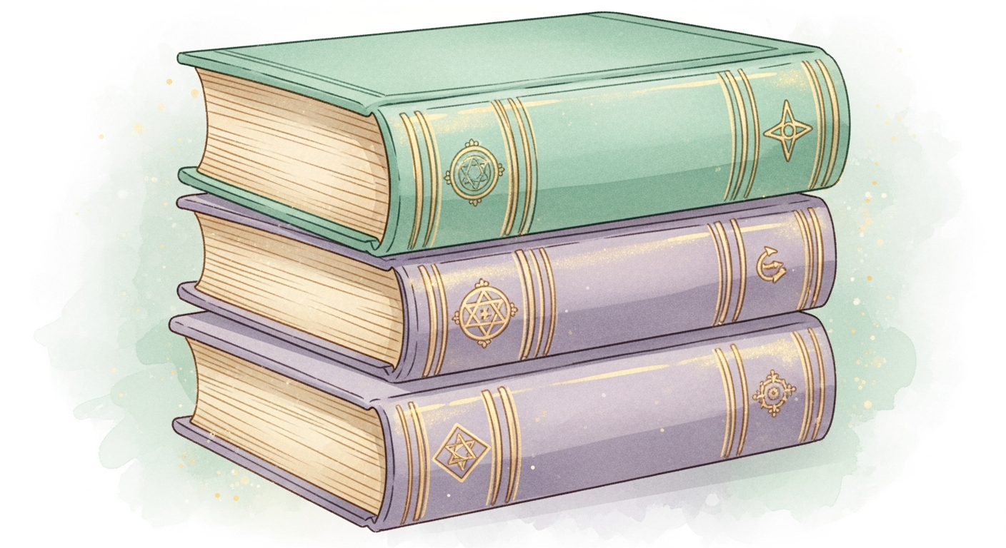 A stack of aged, leather-bound books evoking 18th-century occult publishing, referencing Etteilla's 1780s–1790s works that first outlined tarot divination methods.