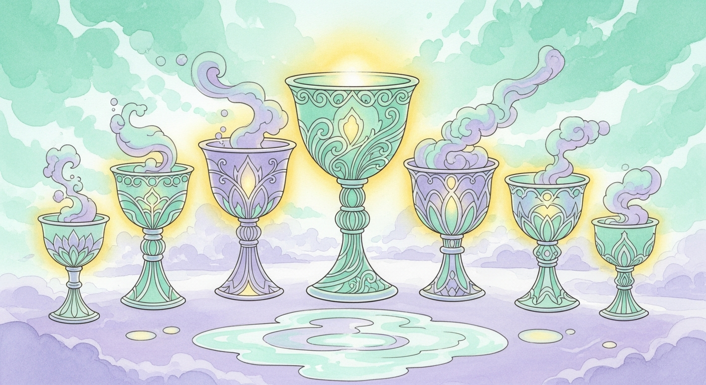 A watercolor-style illustration of ornate chalices in varying sizes, evoking the emotional and imaginative themes Waite associates with the Cups suit in The Pictorial Key to the Tarot.