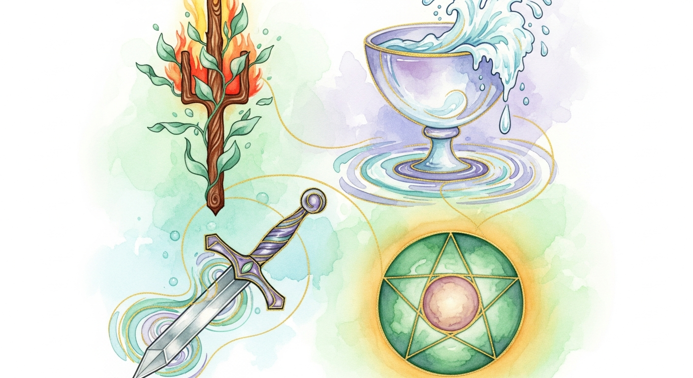 A stylized illustration of the four tarot suit symbols — wand, cup, sword, and pentacle — each rendered in a distinct elemental color palette.