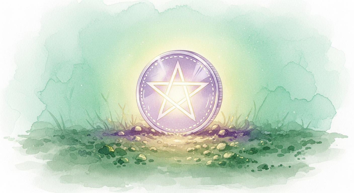 An illustration of a glowing pentacle coin resting on rich earth, representing the material and practical themes Waite associates with the Pentacles suit.