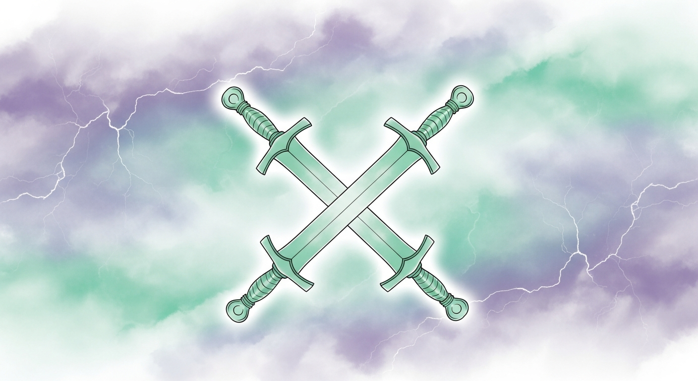 A dramatic illustration of crossed swords against a stormy sky, reflecting the conflict and intellect Waite documents as central to the Swords suit.