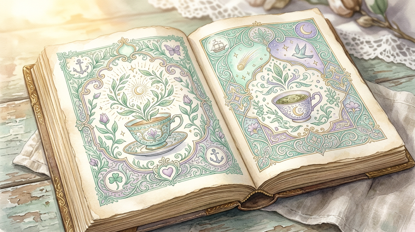 An antique open book with ornate typography, evoking the late 19th-century popular manuals that codified tasseography as a structured folk practice.