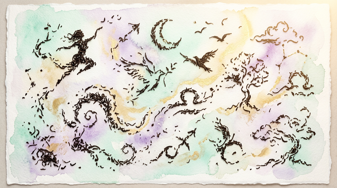 Loose tea leaves spread across a white surface in abstract shapes, illustrating the kind of visual pattern-finding that sits at the heart of the tasseography tradition.