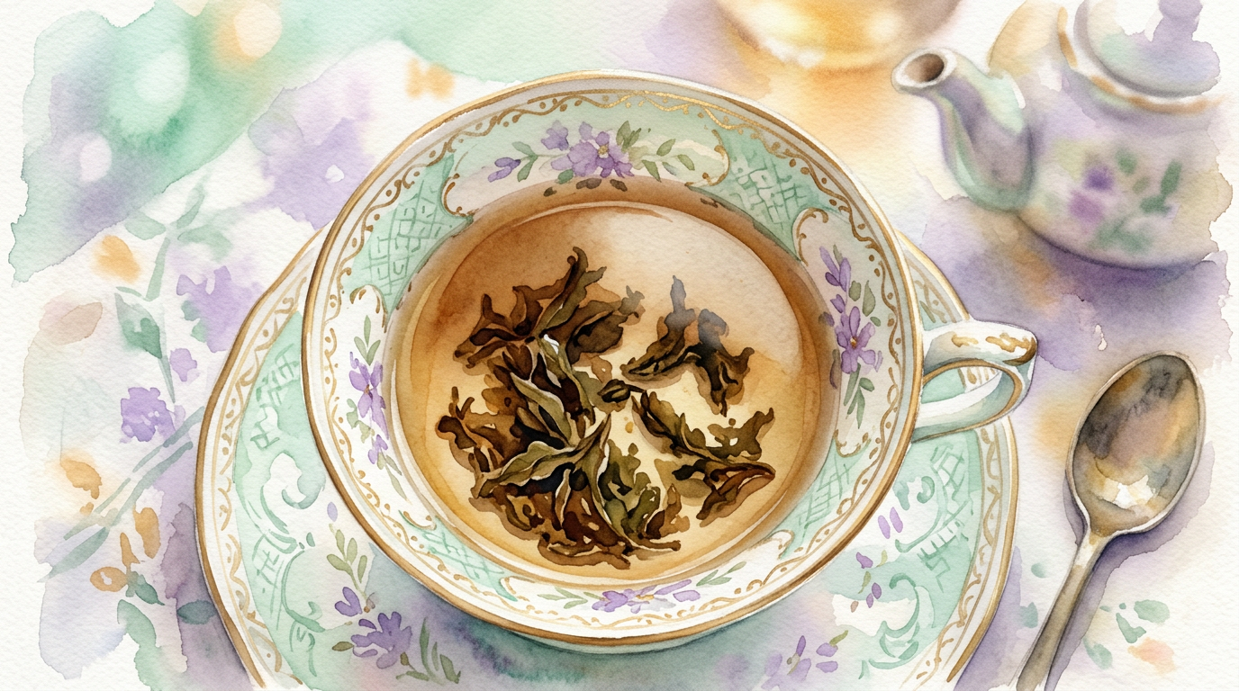 A close-up of tea leaves settled at the bottom of a porcelain cup — the raw material of tasseography, a craft documented in European popular manuals by the late 19th century.