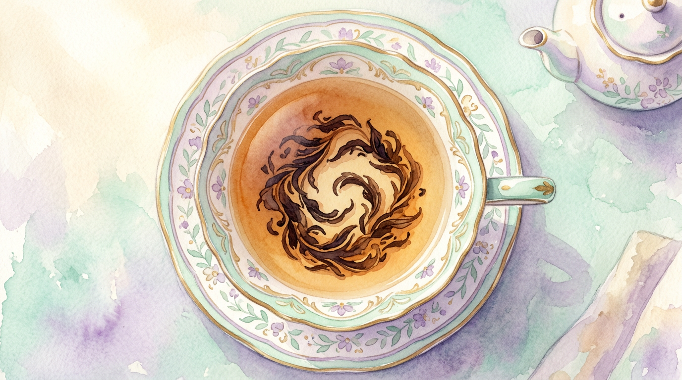 A delicate porcelain teacup viewed from above, with dark tea leaves arranged in swirling patterns against a cream interior, soft warm lighting, no text