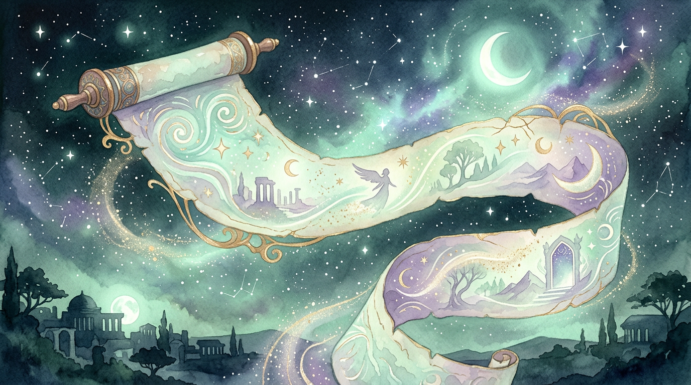 A dreamlike illustration of an ancient scroll unfurling under a starry sky, evoking the long history of dream interpretation.