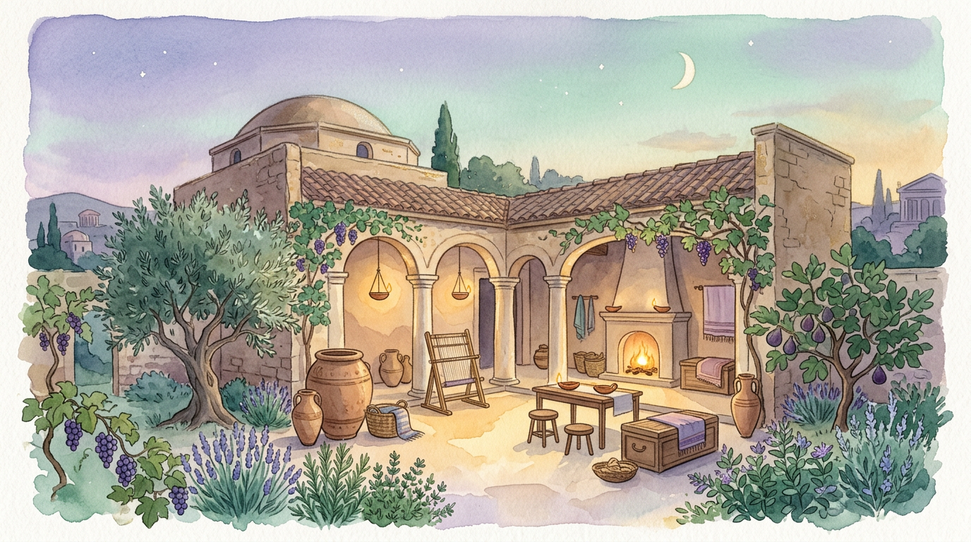 A warm illustration of an ancient household at twilight, symbolizing the family-centered framework Artemidorus used in his Oneirocritica.