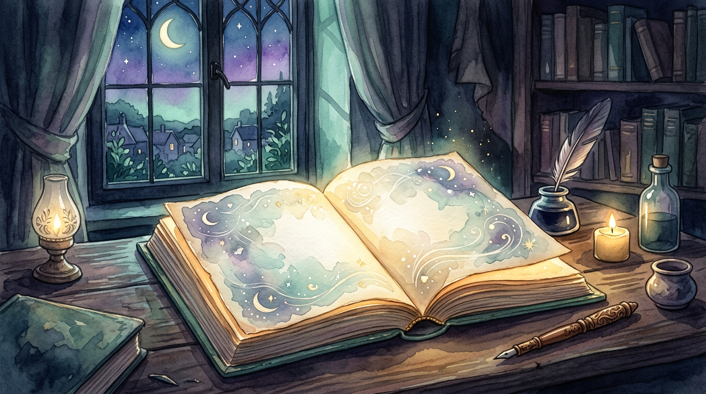 A moody illustration of an open book glowing softly on a desk at night, nodding to the tradition of written dream interpretation.