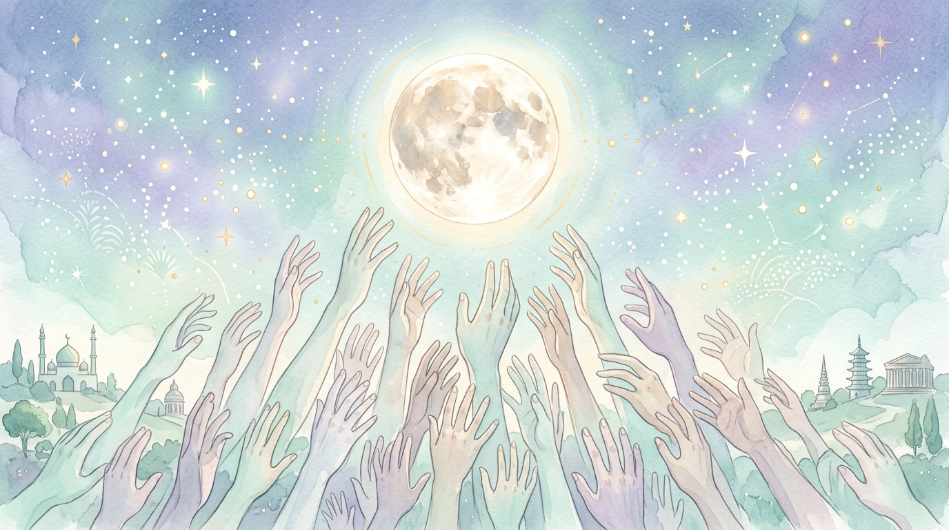 A soft surreal illustration of many different hands reaching toward a glowing moon, representing the universal and cross-cultural nature of the teeth-falling-out dream.