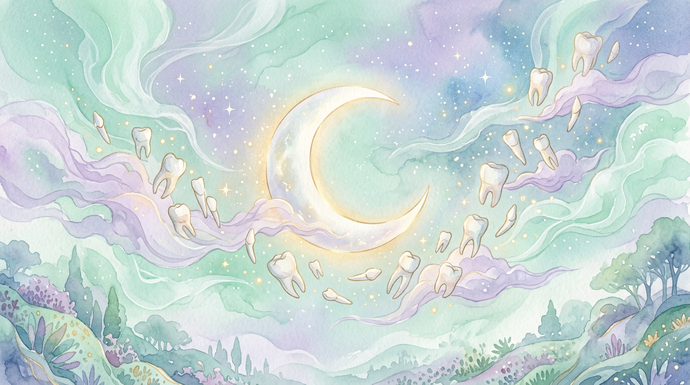 A surreal, soft-lit illustration of a crescent moon surrounded by floating teeth and wispy clouds, dreamlike and ethereal, no text