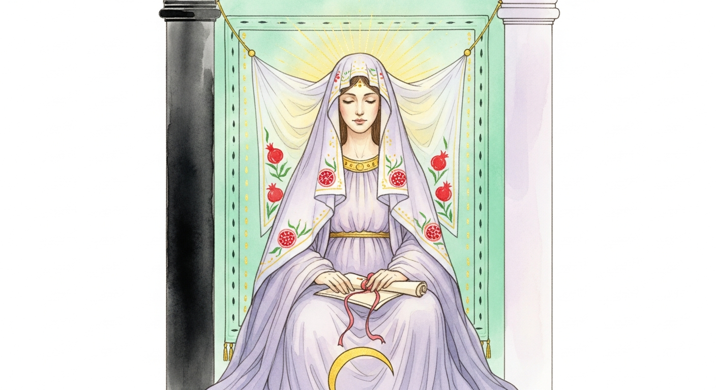 The High Priestess as depicted in the Rider-Waite-Smith tarot deck (1909), illustrated by Pamela Colman Smith.