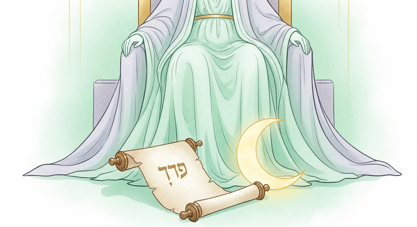 The partly hidden scroll marked Tora and the crescent moon at the High Priestess's feet, as described by A. E. Waite in The Pictorial Key to the Tarot (1911).
