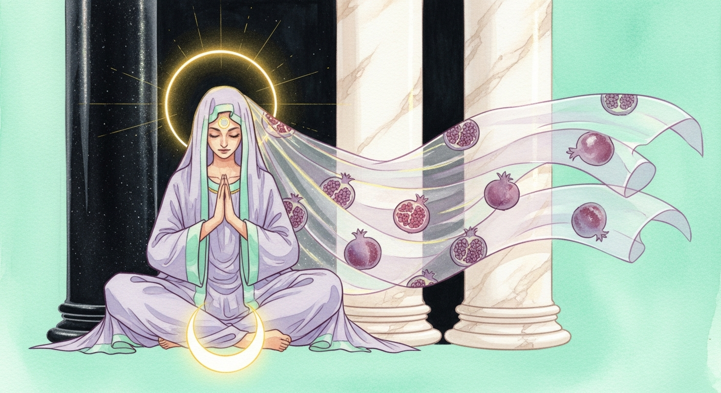 A serene, mystical figure seated between two tall pillars, one dark and one light, with a sheer veil behind her decorated with pomegranates, and a crescent moon at her feet