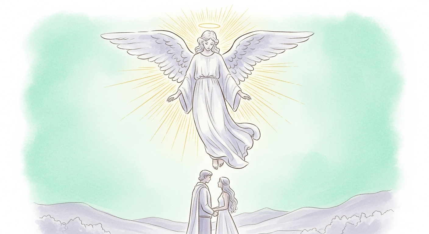 The radiant angel depicted above the figures in the Rider-Waite-Smith Lovers card, illustrated by Pamela Colman Smith in 1909, symbolizes a higher witness to human choice and values.