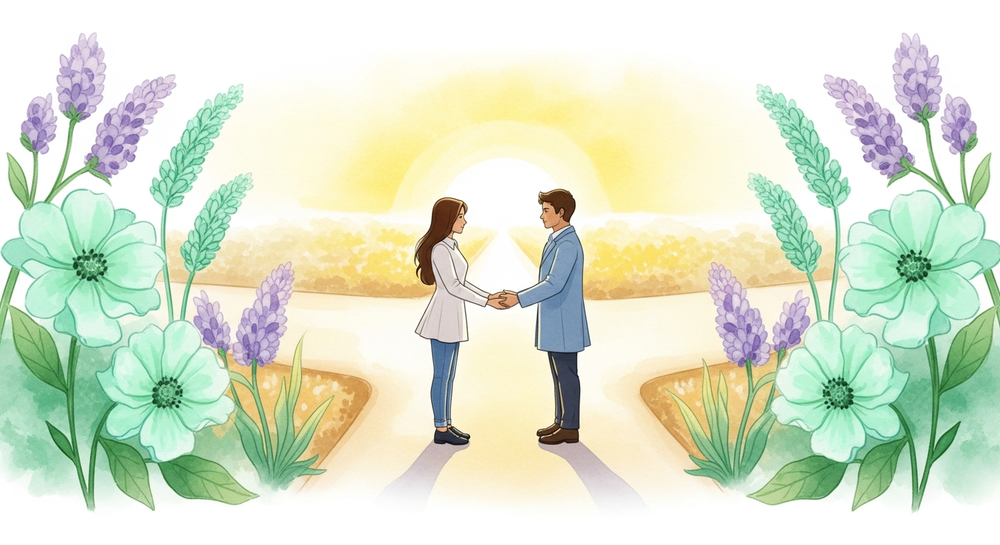 A stylized illustration of two people standing at a sun-lit crossroads surrounded by flowering plants, evoking the themes of conscious choice and union found in The Lovers card.