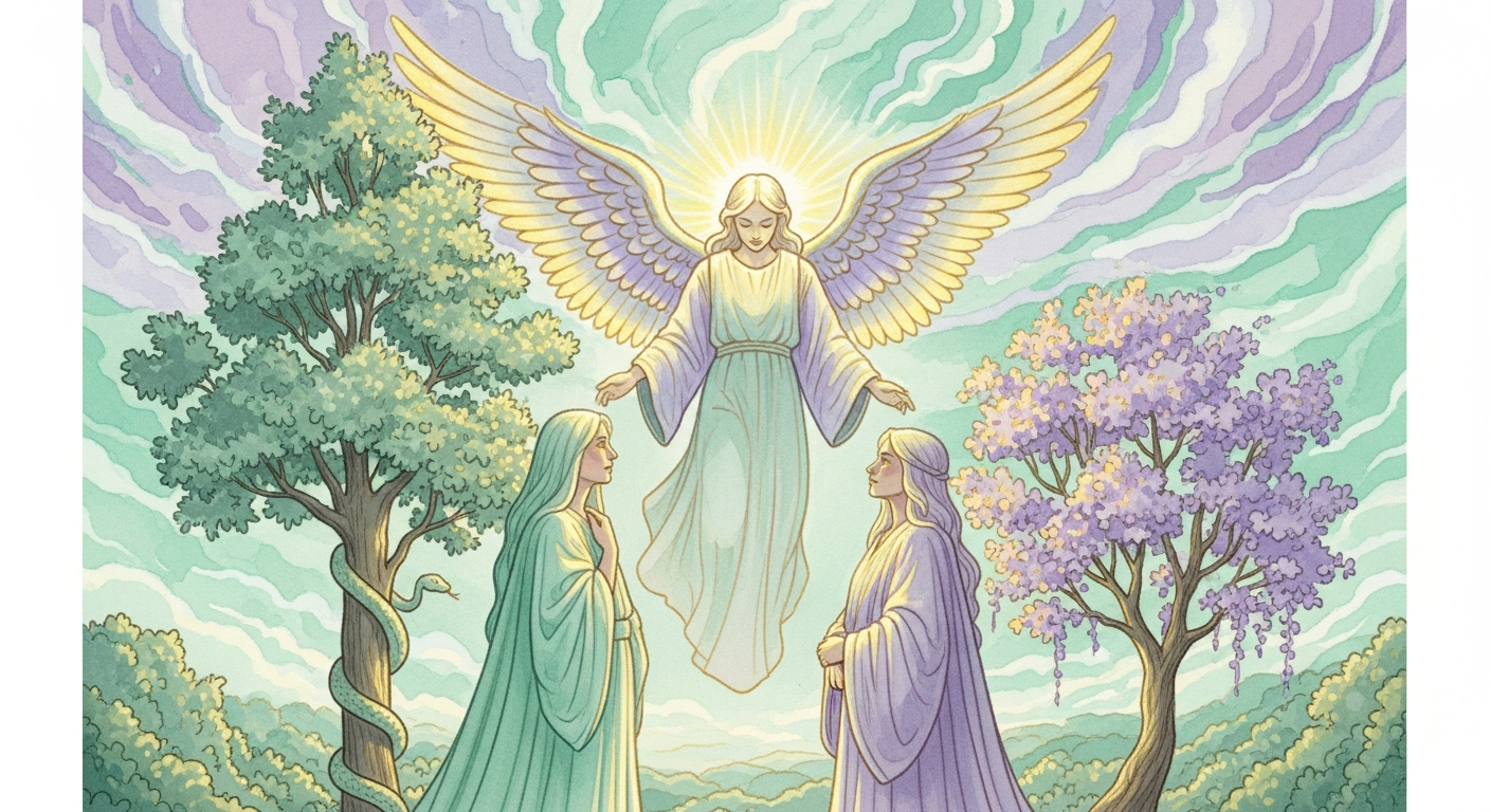 The Lovers card from the 1909 Rider-Waite-Smith deck, illustrated by Pamela Colman Smith, depicts two figures in an Eden-like landscape beneath a radiant angel.