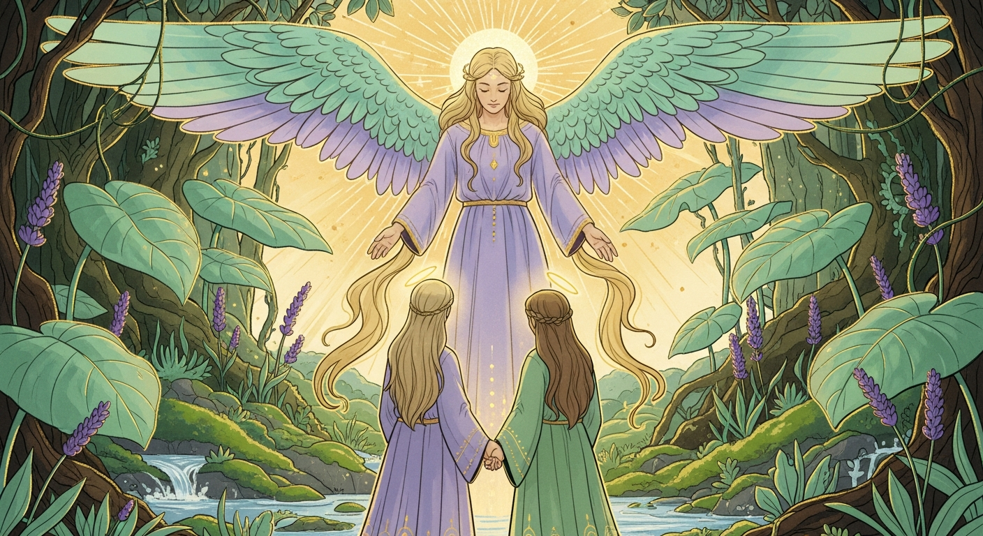A lush, Eden-like illustration of two figures standing beneath a radiant angel, surrounded by abundant nature, rendered in warm vintage tarot art style