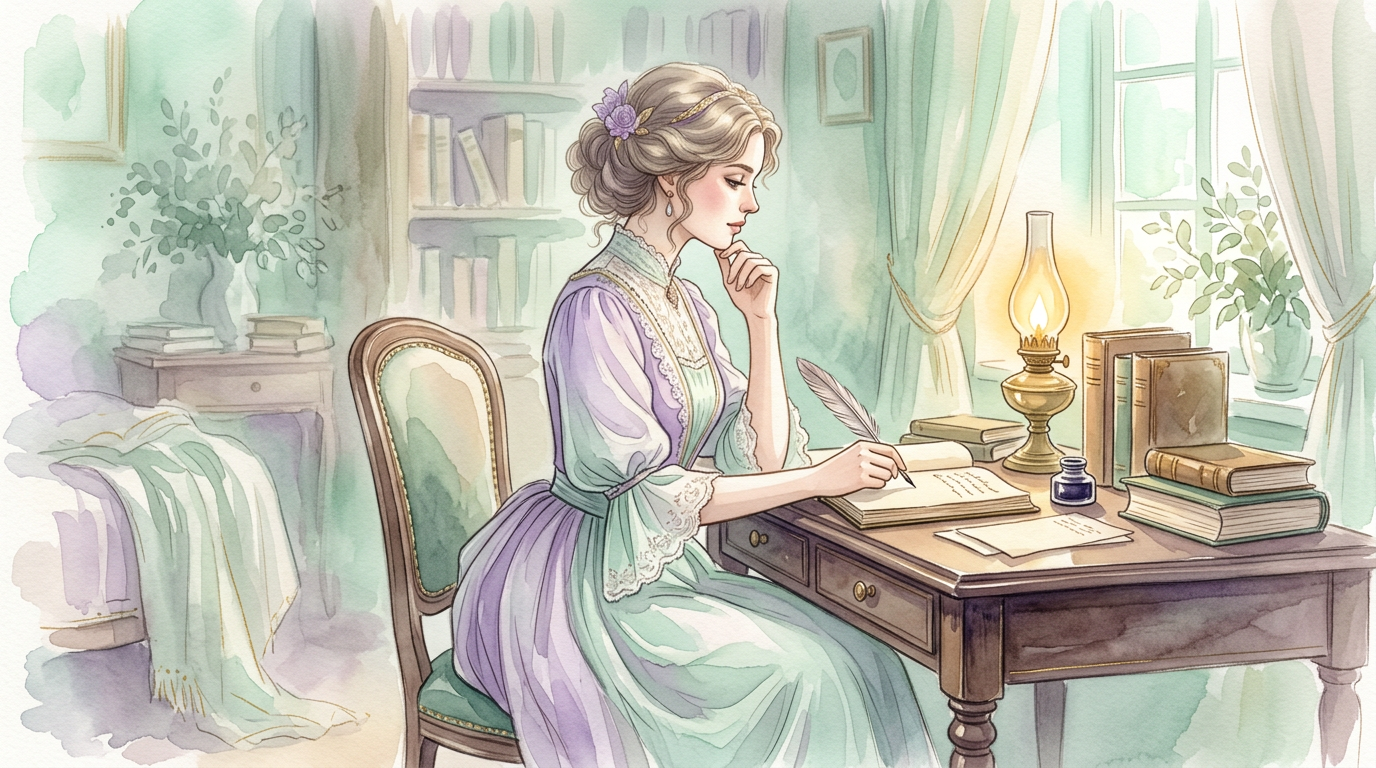A stylized illustration of a thoughtful 19th-century figure at a writing desk, representing the New Thought era documented in historical records.