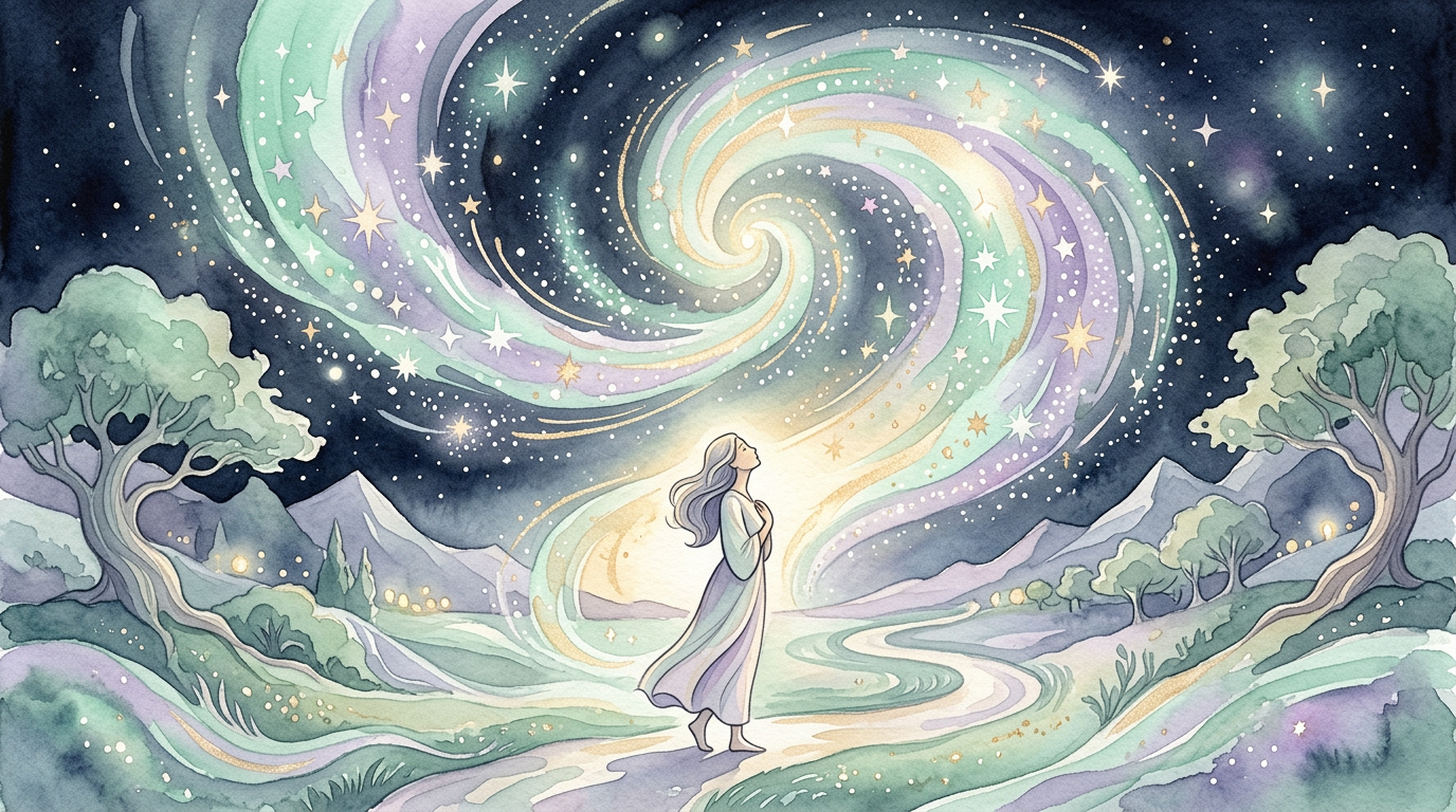 An illustration of a person looking upward at a swirl of stars and light, representing the idea of focused intention as a modern cultural concept.