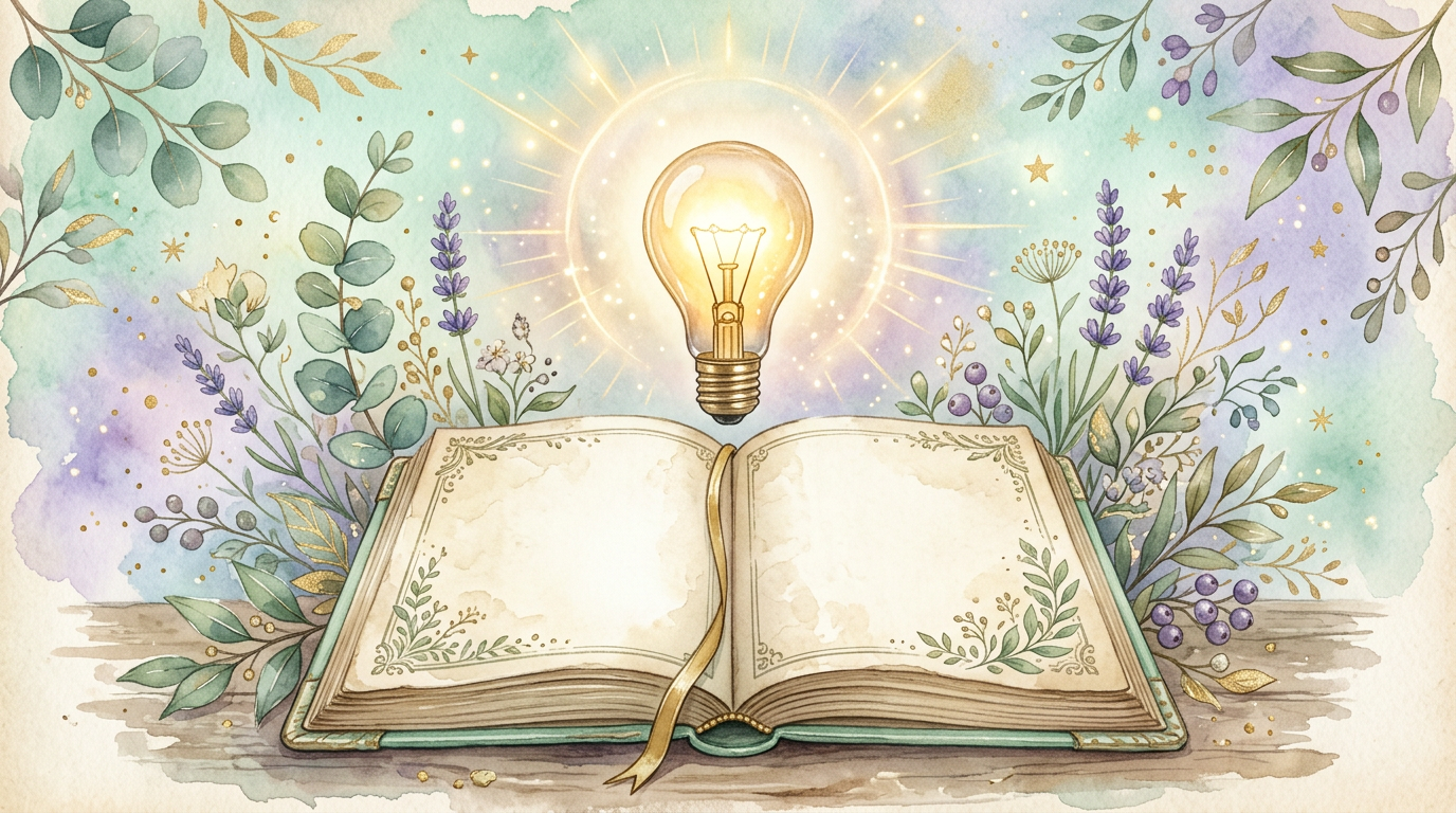 A vintage-style illustration of an open notebook with a glowing lightbulb above it, surrounded by soft golden rays and botanical accents, no text