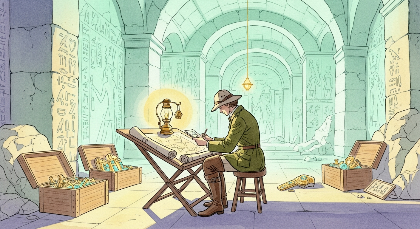 An illustrated figure in 1920s field attire carefully documenting artefacts by lamplight inside an ancient chamber, inspired by Carter's excavation account.