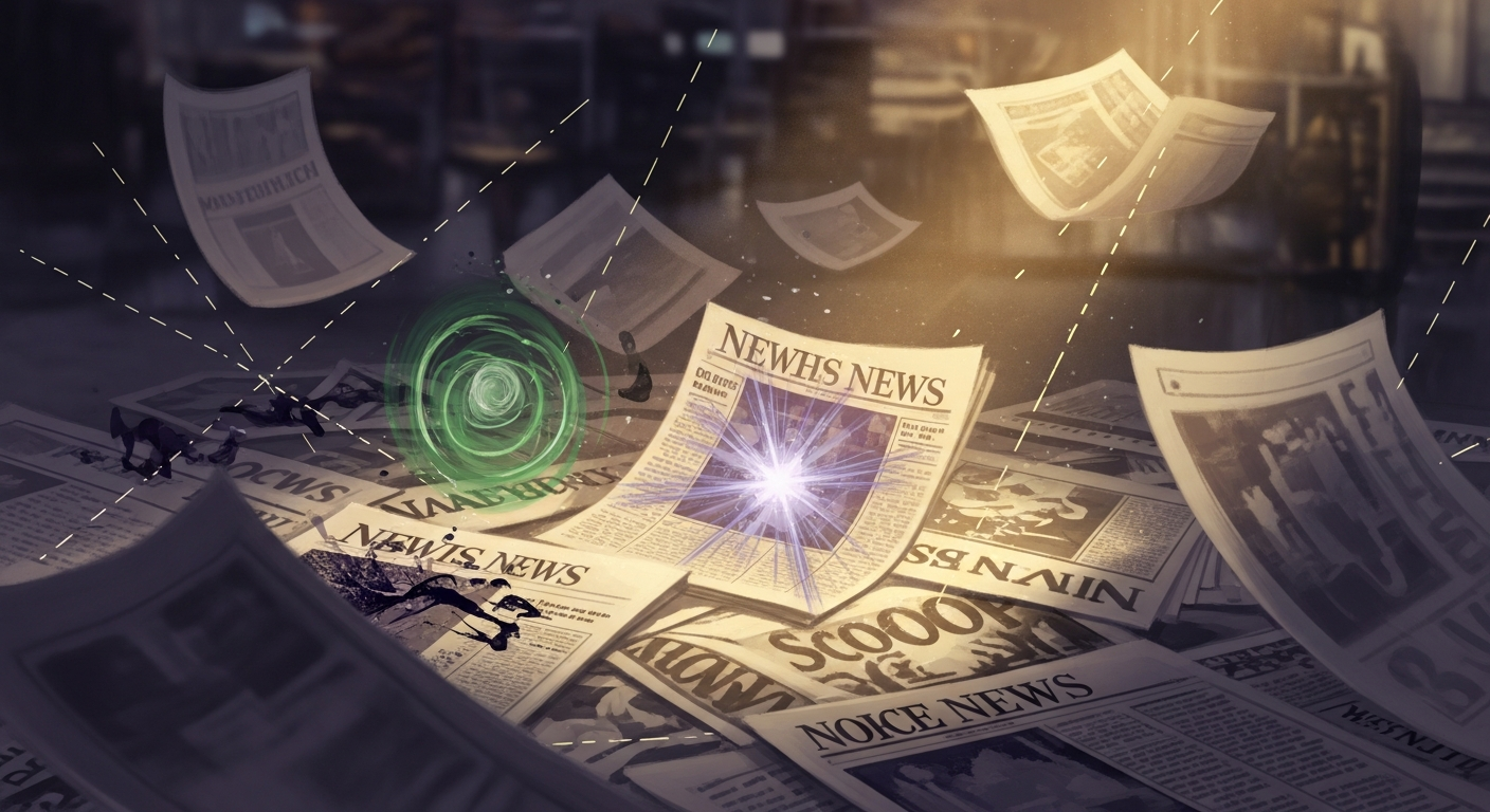 A stylised illustration of vintage newspaper front pages scattered dramatically, representing the 1923 media frenzy documented by Encyclopaedia Britannica.