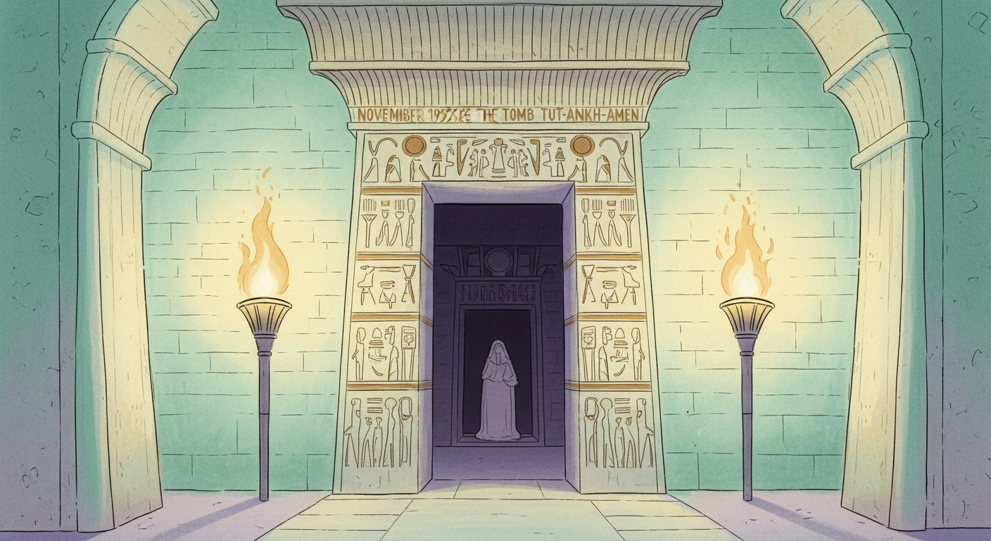 A torchlit illustration of an ancient Egyptian tomb doorway, evoking the November 1922 discovery described in Carter and Mace's The Tomb of Tut·ankh·Amen.