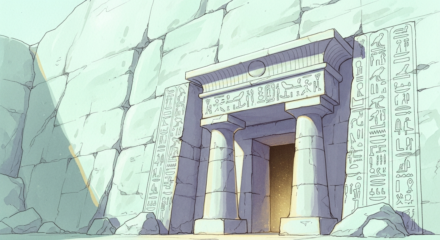 A dramatic illustration of a golden Egyptian tomb entrance glowing in torchlight, with hieroglyphs carved into stone walls and shadows stretching across sandy ground — no people, no text