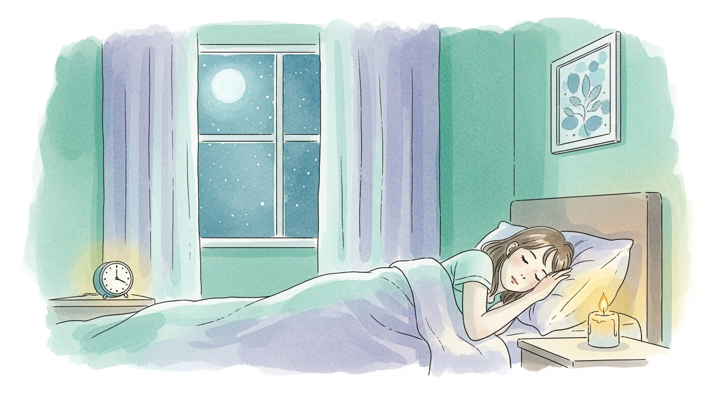 A dim bedroom at night with a glowing clock reading 3:00, soft moonlight through curtains