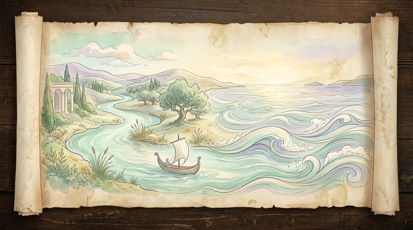 An illustrated ancient scroll depicting waves and a river, evoking the classical dream interpretations recorded by Artemidorus of Daldis in the 2nd century CE.
