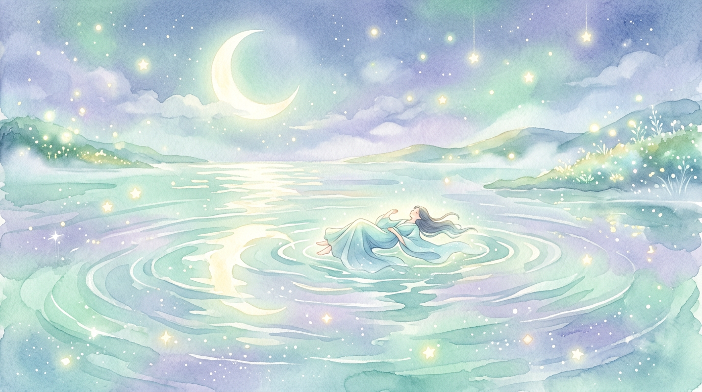 A serene illustration of a figure floating on a vast, moonlit body of water, surrounded by soft ripples and dreamy reflections
