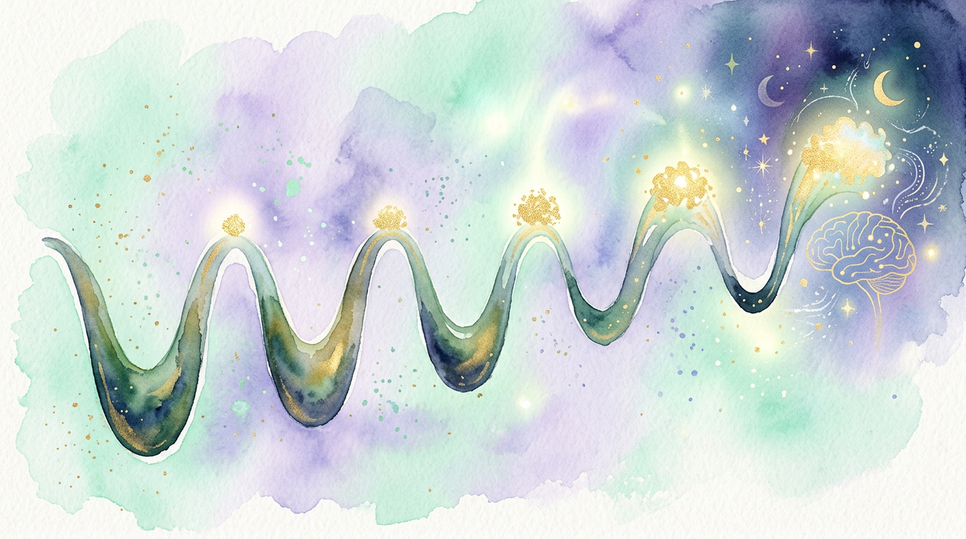 A simple illustration of the 90-minute sleep cycle shifting from deep sleep toward lighter REM sleep across the night, based on Matthew Walker's Why We Sleep (2017).