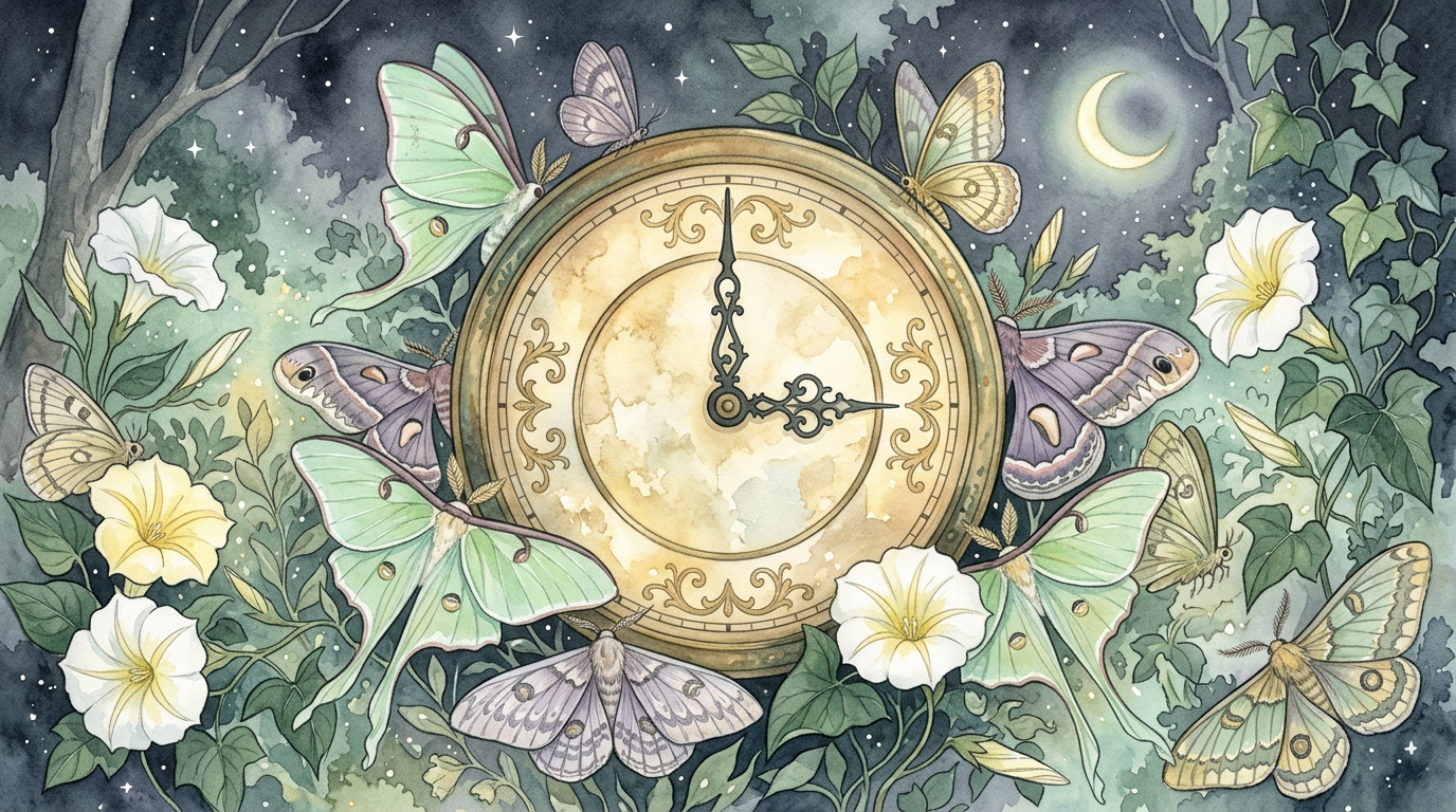 A moody illustration of an old clock face at 3 a.m. surrounded by moth wings and moonflowers, evoking Western folklore's "witching hour" tradition documented by the Encyclopaedia Britannica.