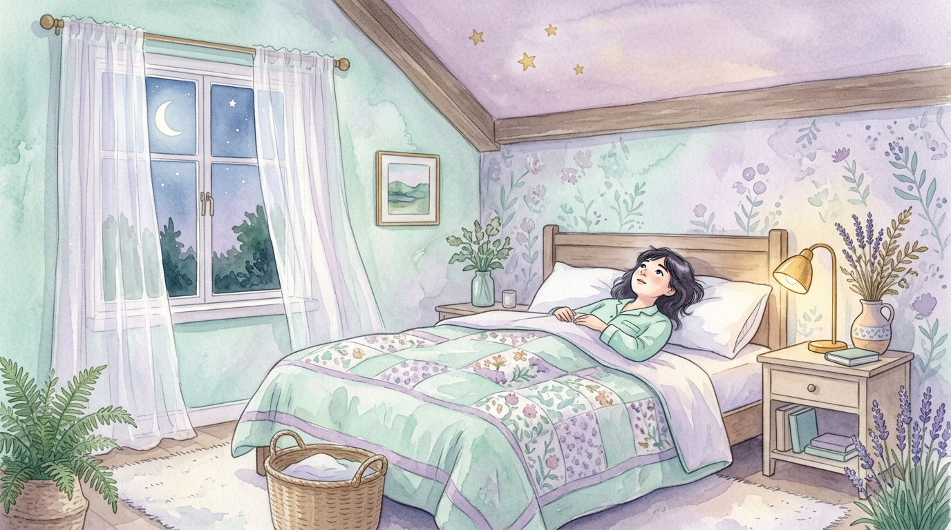 A softly lit bedroom at night, moonlight through sheer curtains, a person lying awake staring at the ceiling with a peaceful but wide-awake expression