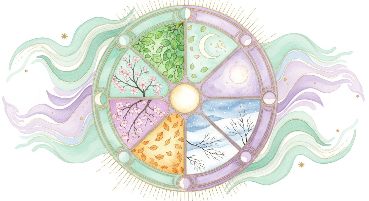 An illustration of a wheel turning through seasons and phases, evoking the cycle-not-doom philosophy shared by Boethius's Rota Fortunae and Waite's Wheel of Fortune card.