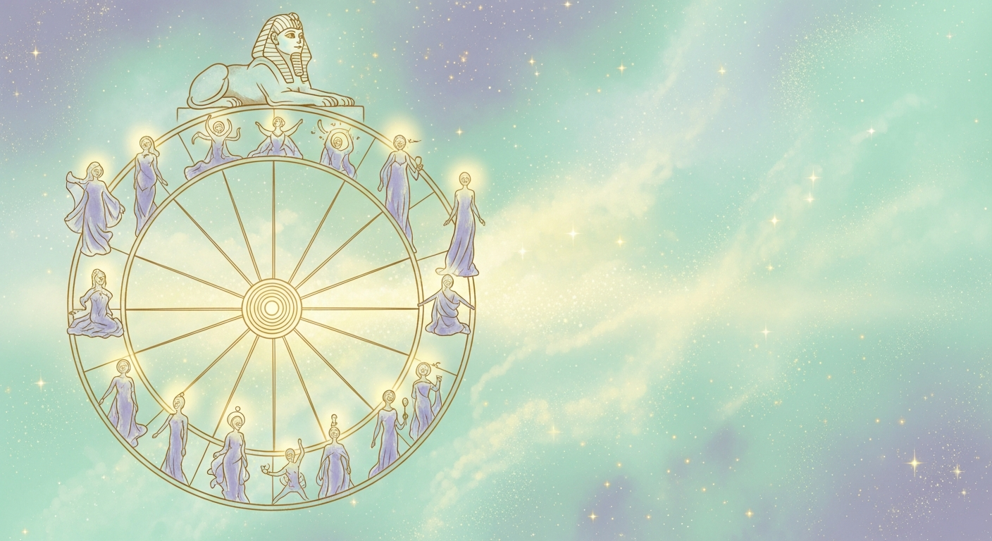 A golden wheel turning against a starry sky, with a sphinx perched at the top and symbolic figures rising and falling along its rim, rendered in a rich illustrated style