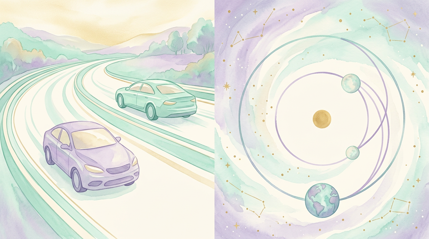 A split illustration comparing a car being overtaken on a highway to Earth and Mercury in orbit, visualizing how the optical illusion of retrograde motion works.