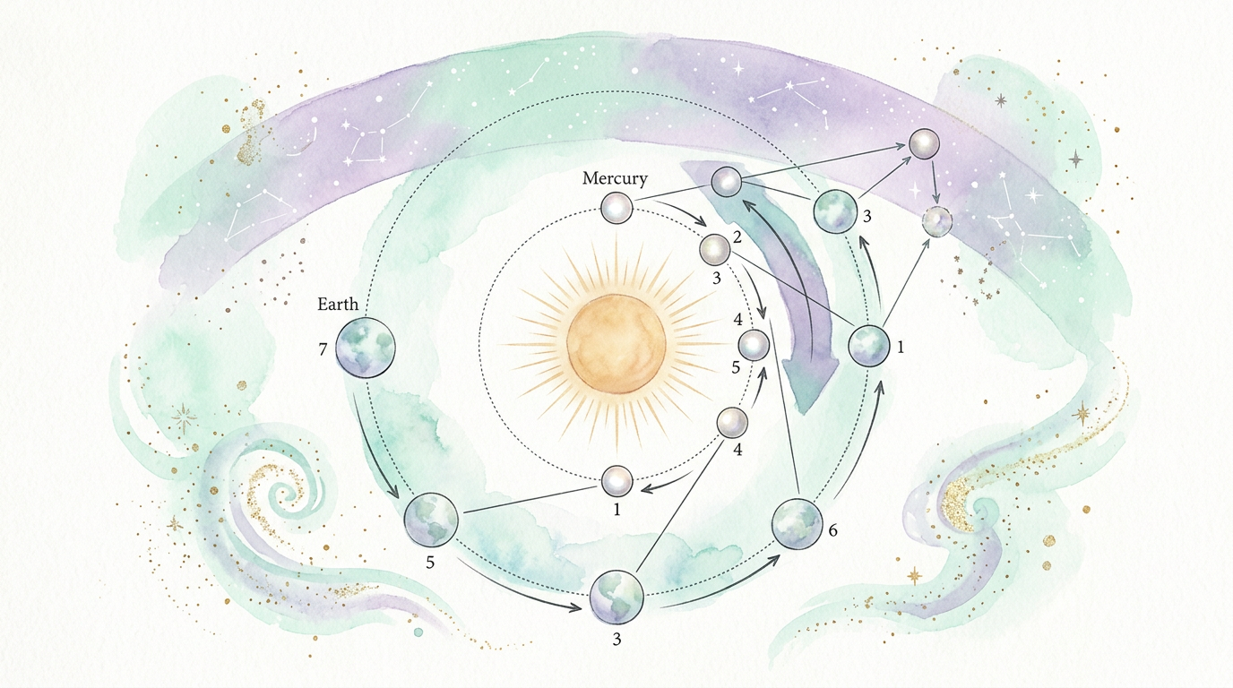 A diagram showing Mercury and Earth orbiting the Sun at different speeds, creating the appearance of backward motion — NASA explains this is the root cause of retrograde.