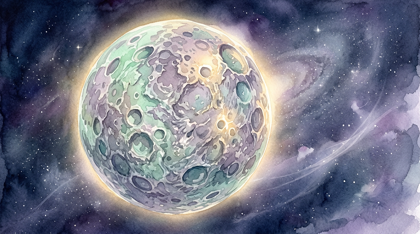 A painterly close-up illustration of Mercury as a rocky, cratered planet glowing against a deep space background, evoking both science and myth.