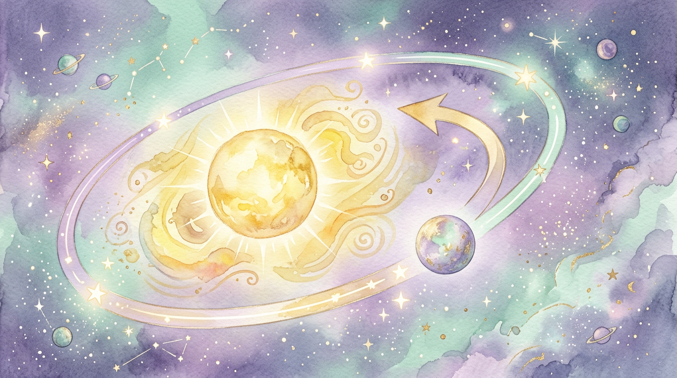 A stylized illustration of Mercury orbiting the Sun with a curved arrow suggesting apparent backward motion, surrounded by cosmic stars and soft purple hues — no text in image