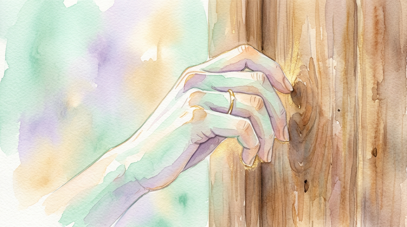 A close-up illustration of a hand gently knocking on a warm wooden surface, symbolizing the modern superstition traced to Victorian-era playground culture.
