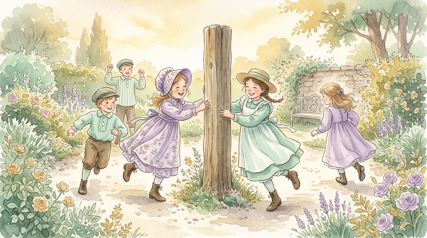 A playful illustration of children playing a Victorian-era tag game around a wooden post, inspired by the game "Tiggy Touchwood" documented by folklorist Steve Roud.