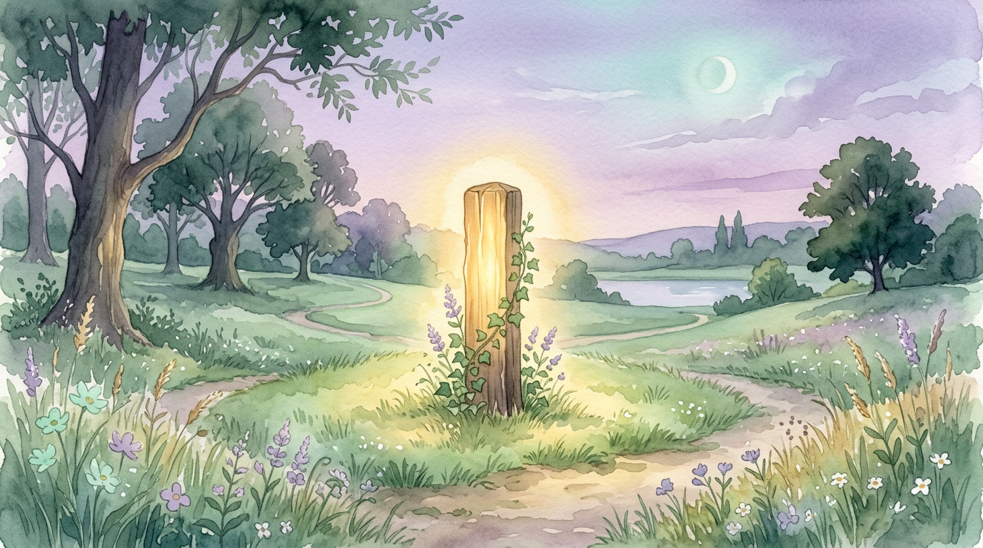 An illustration of a wooden post glowing softly as a symbolic "safe zone," representing the protective role of wood in the Victorian game documented by Steve Roud.
