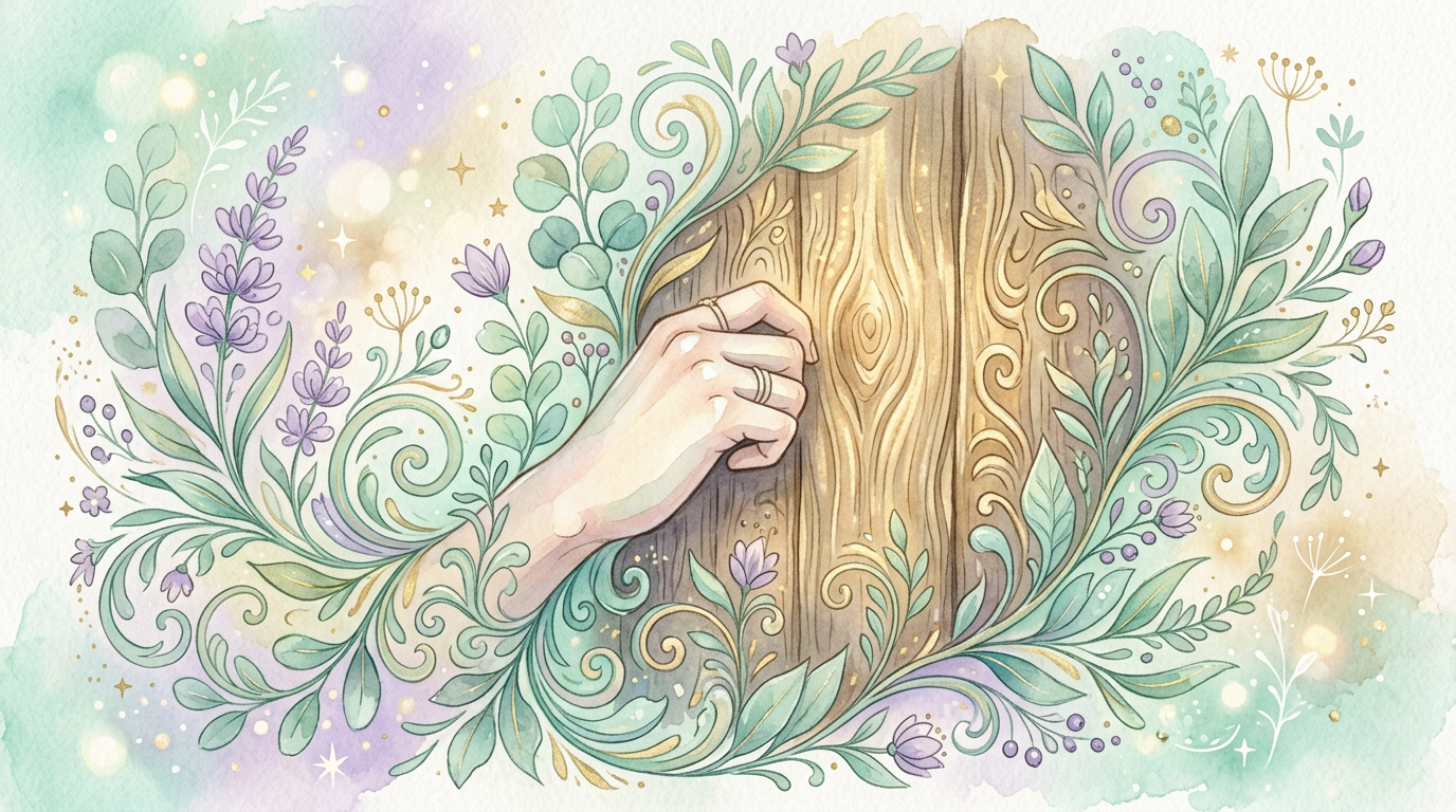 A whimsical illustration of a wooden surface with a hand knocking on it, surrounded by playful swirling patterns and leaves, no text