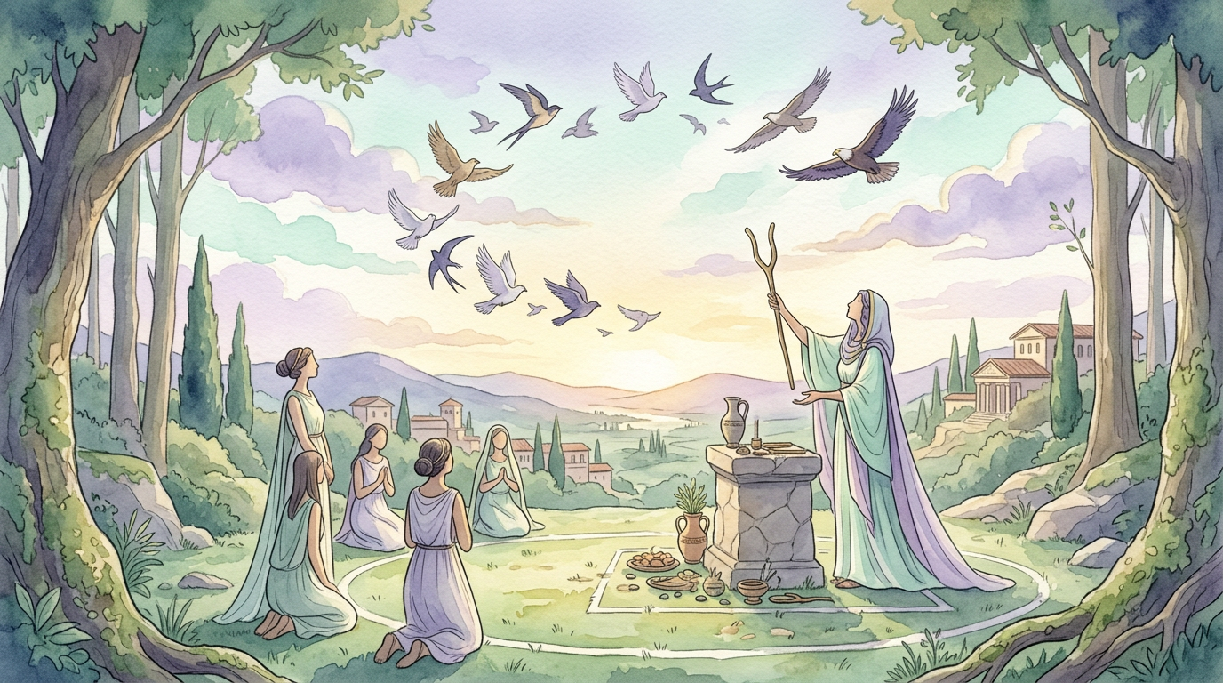 A stylized depiction of ancient Etruscan ceremonial bird divination, inspired by historical records of the furcula ritual.
