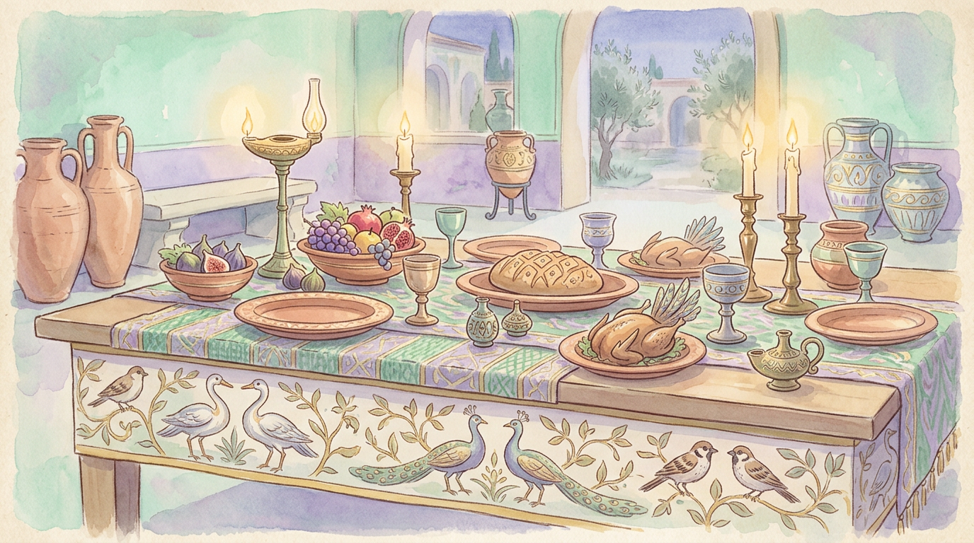 An illustrated scene of a Roman-style feast table with decorative bird motifs, evoking the era when the bone-breaking custom was introduced.
