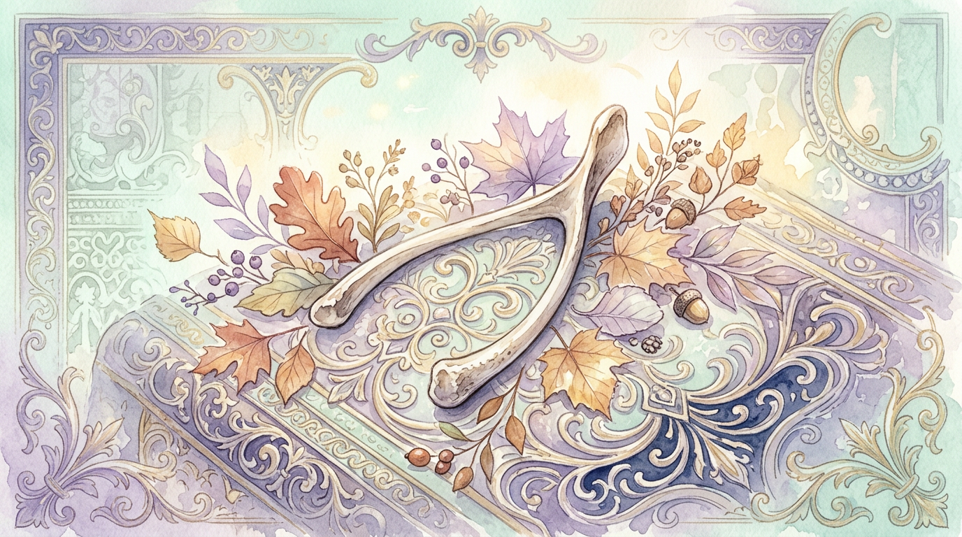 A stylized illustration of a forked bone resting on an ornate surface, surrounded by ancient decorative motifs and autumn leaves, no text visible