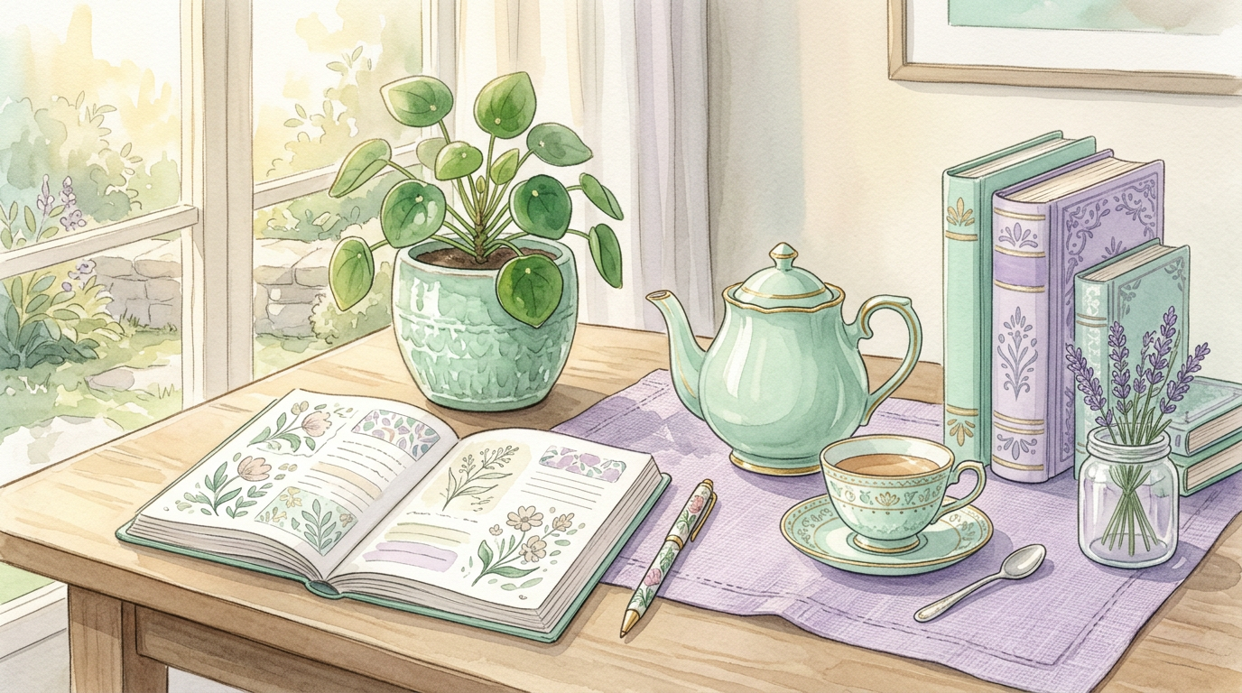 An illustration of a cozy, structured scene — a neatly set table, a planner, a houseplant — evoking the "cold and dry" stability Ptolemy's Tetrabiblos associates with the earth temperament.